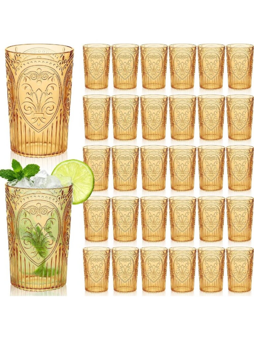 48 Vintage Amber Plastic Drinking Glasses - 16 oz, Durable & Stylish Bulk Set